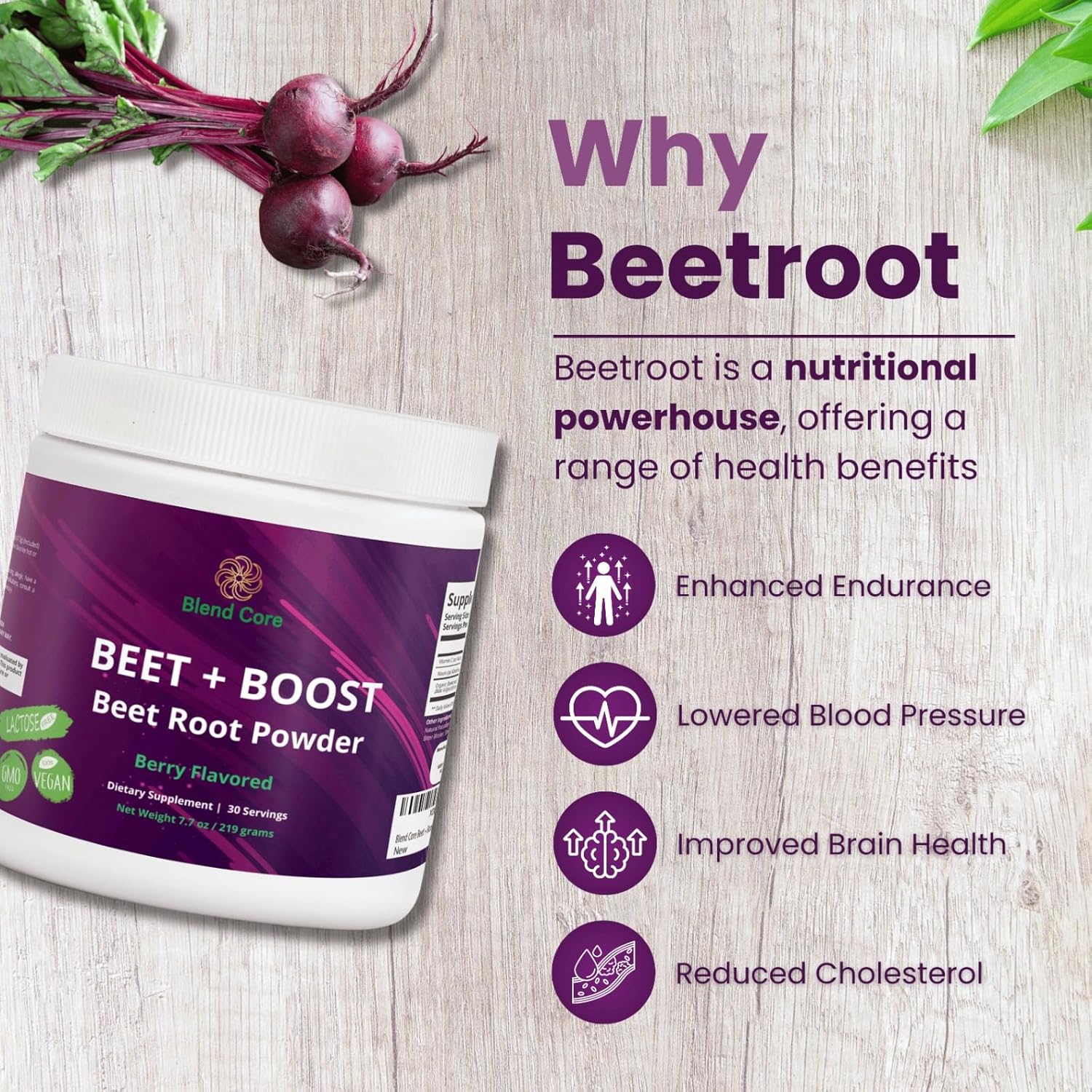 Organic Berry Flavored Beet Root Powder for Daily Nutrition and Athletic Performance - Vegan, Lactose-Free, Non-GMO Supplement with Boost Core Blend