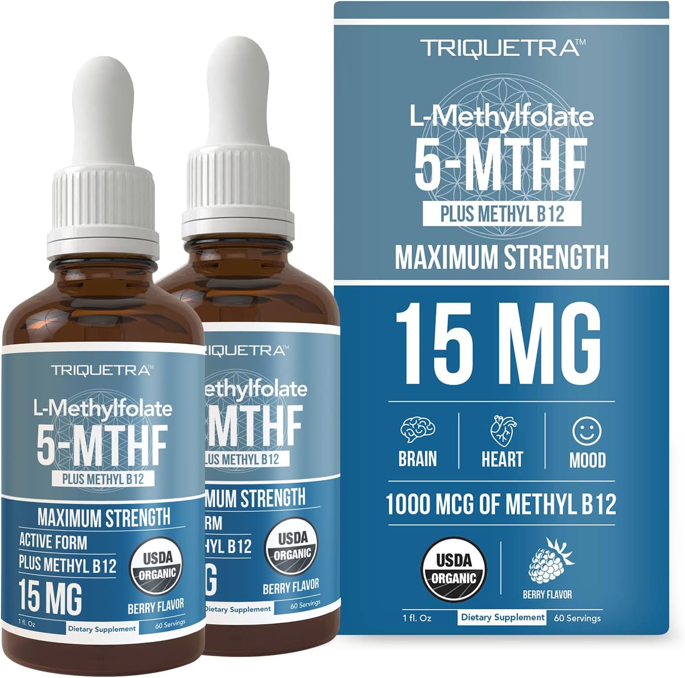 Organic Berry Flavored Liquid Sublingual L Methyl Folate 15mg + Methyl B12 - Professional Strength 5-MTHF Form for Mood, Cognition, Homocysteine - 2 Pack 1oz
