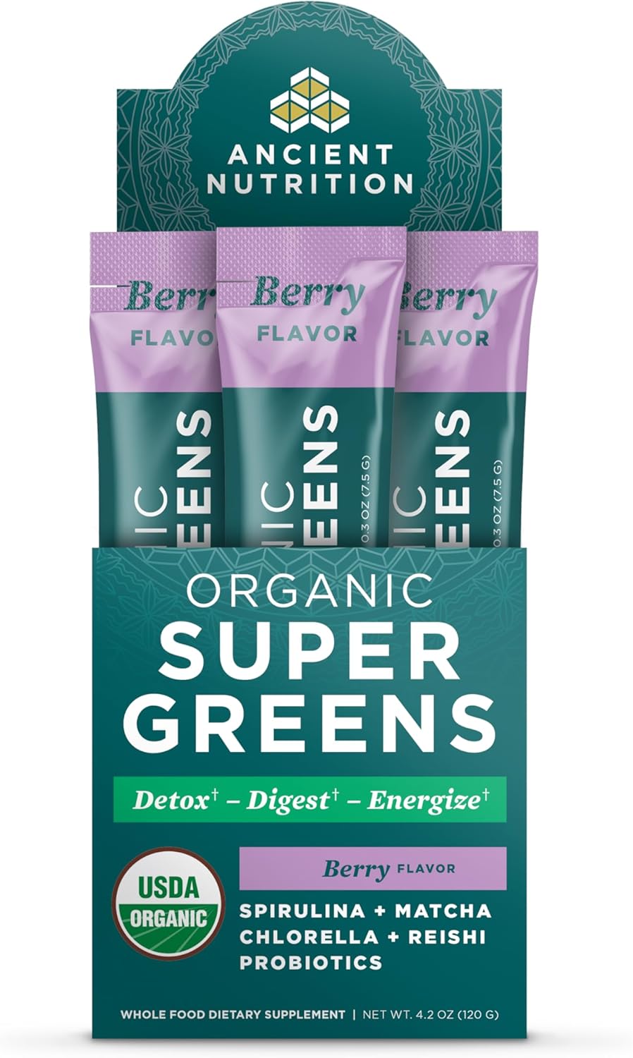 Organic Berry Flavored SuperGreens Powder with Probiotics for Digestive Support, Energy Boost - 16 Stick Packs, 4.2oz