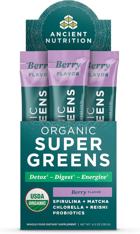 Organic Berry Flavored SuperGreens Powder with Probiotics for Digestive Support, Energy Boost - 16 Stick Packs, 4.2oz
