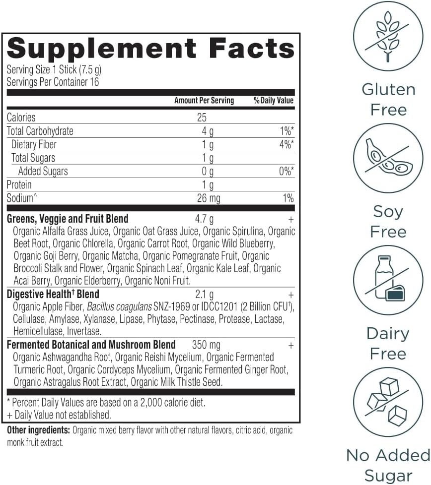 Organic Berry Flavored SuperGreens Powder with Probiotics for Digestive Support, Energy Boost - 16 Stick Packs, 4.2oz