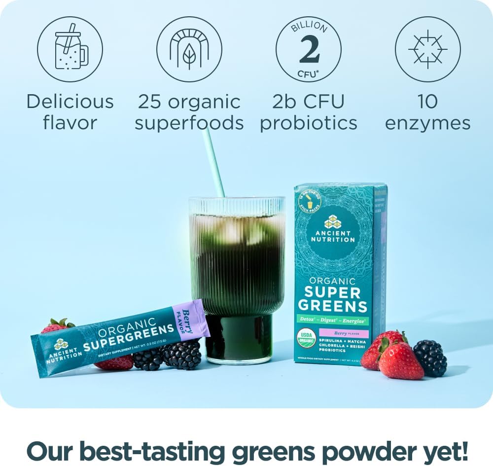 Organic Berry Flavored SuperGreens Powder with Probiotics for Digestive Support, Energy Boost - 16 Stick Packs, 4.2oz