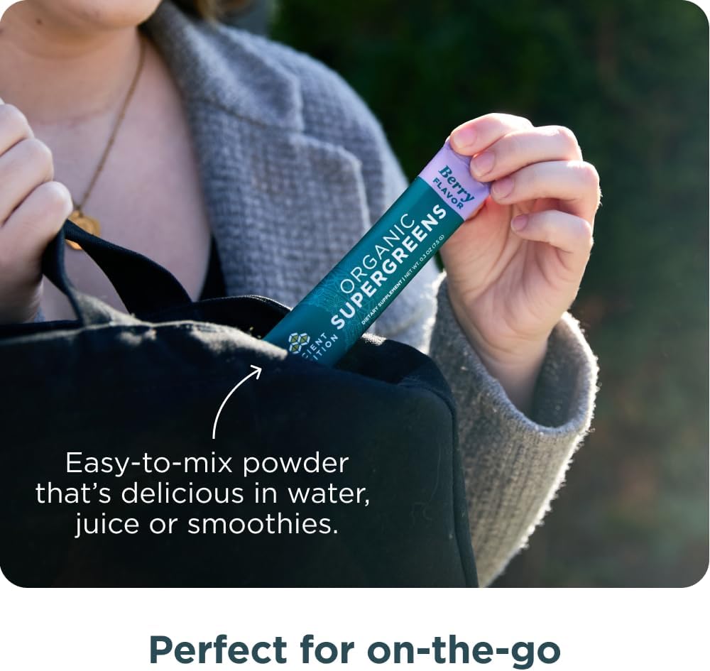 Organic Berry Flavored SuperGreens Powder with Probiotics for Digestive Support, Energy Boost - 16 Stick Packs, 4.2oz