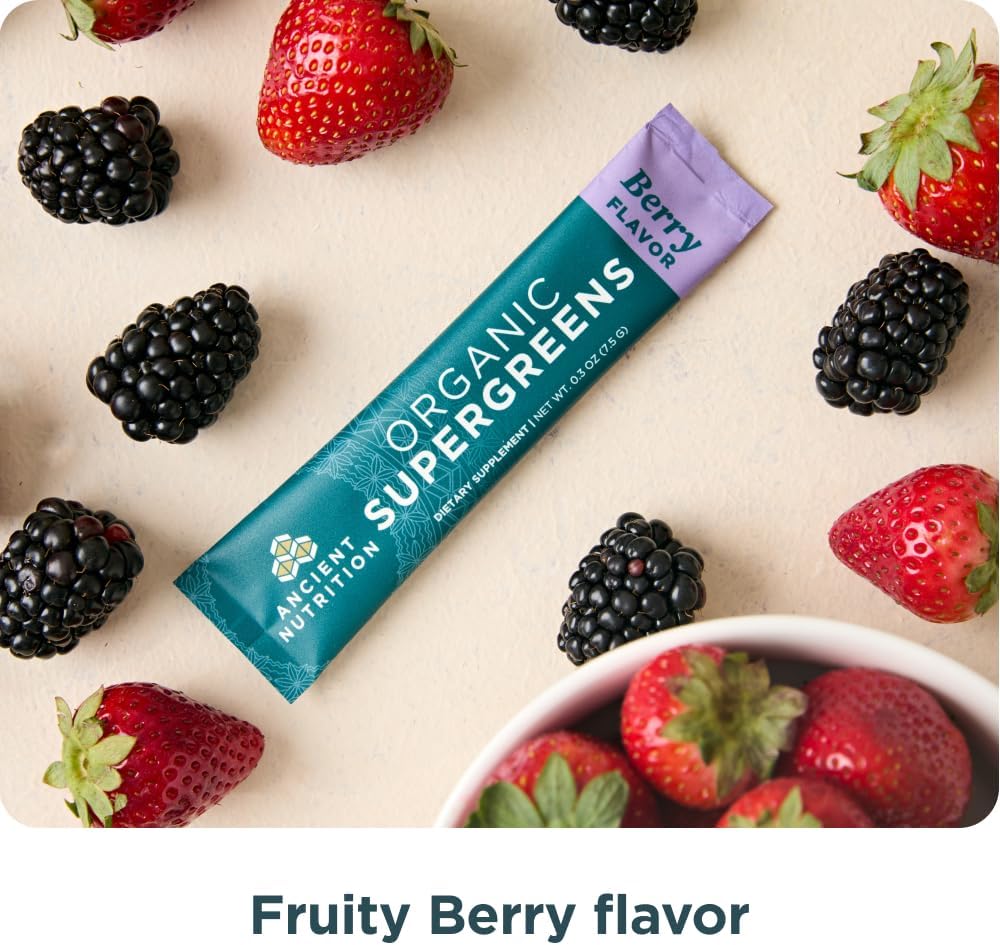 Organic Berry Flavored SuperGreens Powder with Probiotics for Digestive Support, Energy Boost - 16 Stick Packs, 4.2oz