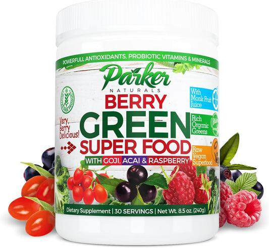 Organic Berry Greens Superfood Powder with Enzymes, Probiotics, Antioxidants, and Vitamins - 240g Vegan Juice Mix by Parker Naturals - BoostGo Australia
