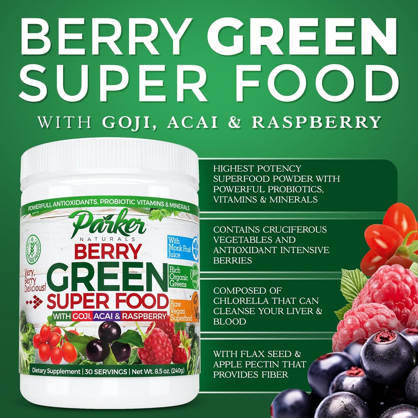 Organic Berry Greens Superfood Powder with Enzymes, Probiotics, Antioxidants, and Vitamins - 240g Vegan Juice Mix by Parker Naturals - BoostGo Australia