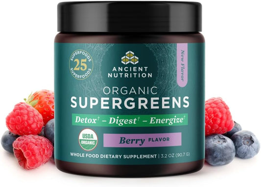 Organic Berry SuperGreens Powder with Probiotics for Digestive and Energy Support, 12 Servings, 3.2oz
