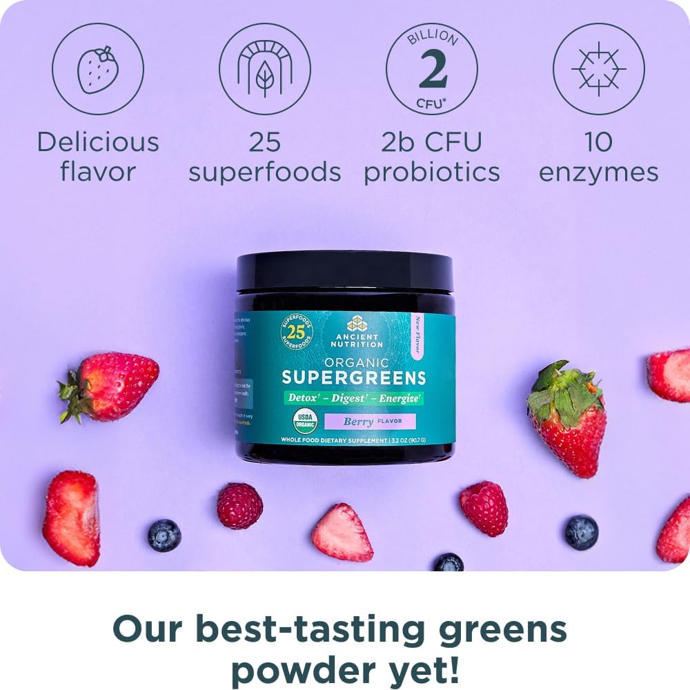 Organic Berry SuperGreens Powder with Probiotics for Digestive and Energy Support, 12 Servings, 3.2oz