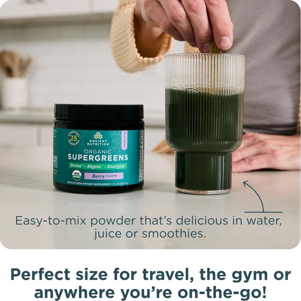 Organic Berry SuperGreens Powder with Probiotics for Digestive and Energy Support, 12 Servings, 3.2oz