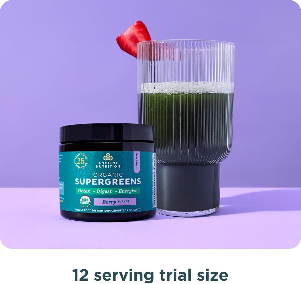 Organic Berry SuperGreens Powder with Probiotics for Digestive and Energy Support, 12 Servings, 3.2oz