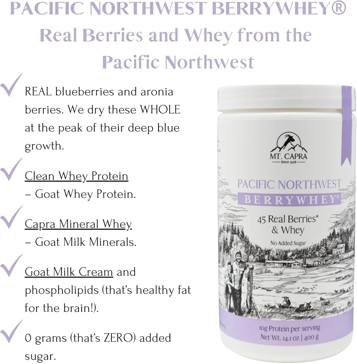 Organic BerryWhey Meal Replacement Shake with Antioxidants - 10 Servings (14.1 oz) - Locally Grown Blueberries, Aronia Berry, Non-GMO Goat Whey Protein