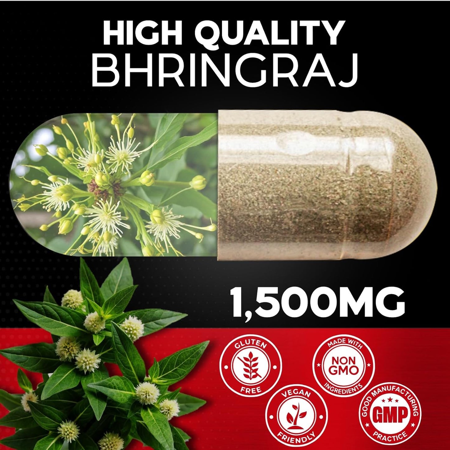 Organic Bhringraj Capsules 1500mg - False Daisy Eclipta Alba - 120 Veg Caps - Plant-Based Ayurvedic Supplement - All Natural Vegan Herb