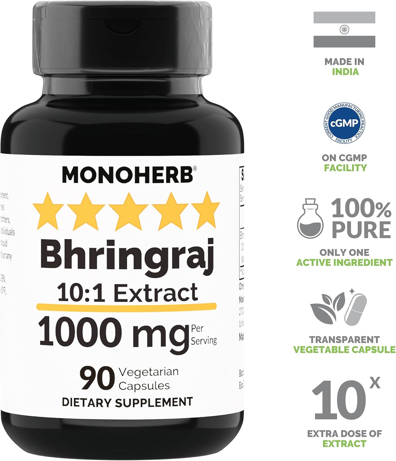 Organic Bhringraj Extract Capsules - 1000mg, 90 Count - Vegan-Friendly