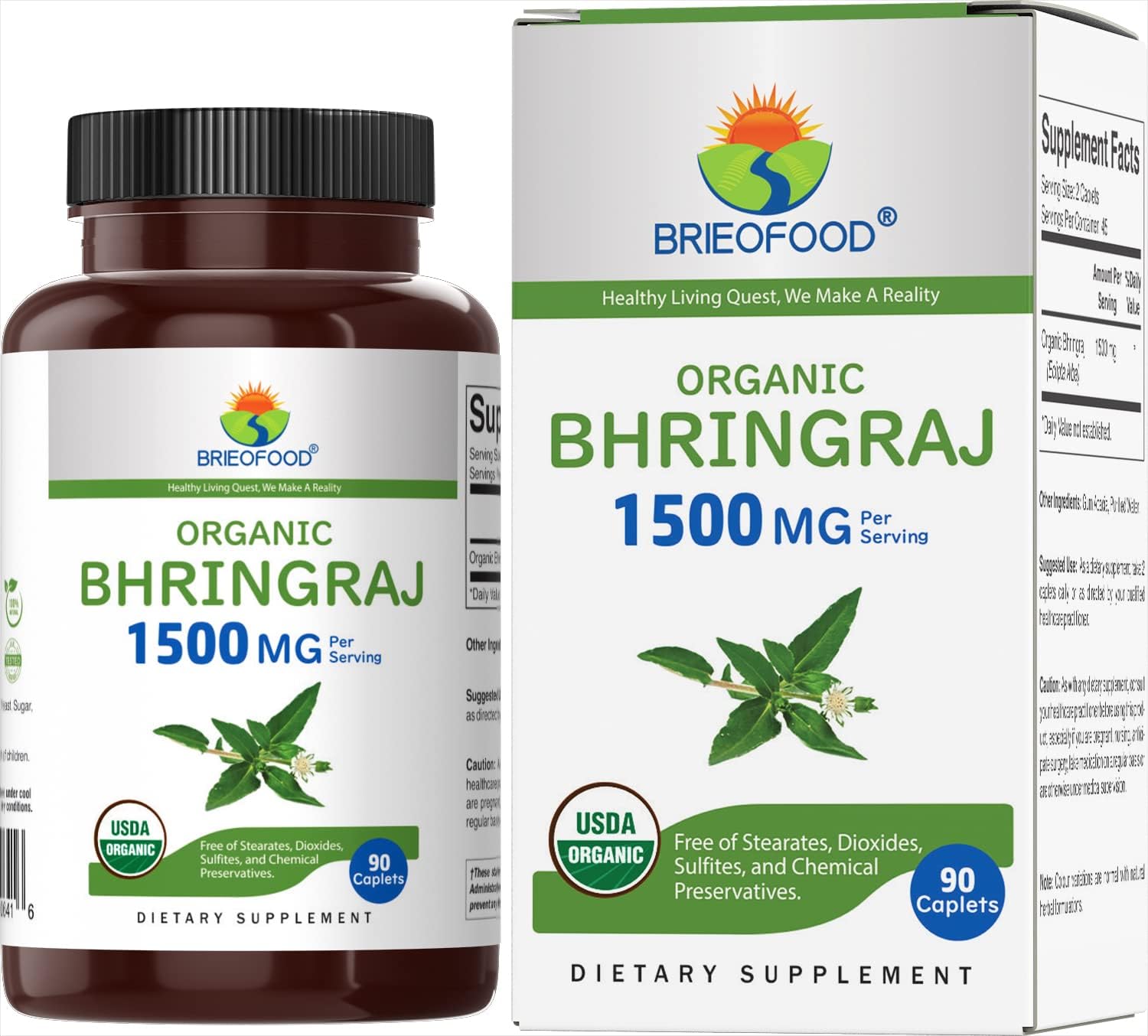 Organic Bhringraj Supplement 1500mg, 90 Tablets, Vegetarian & Gluten-Free, 45 Servings