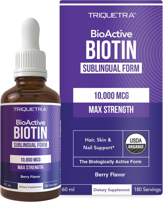 Organic Biotin 10000mcg Liquid Supplement for Hair Growth - Berry Flavor - 180 Servings - Enhanced Absorption - USP Grade - Women's Hair Skin & Nails Vitamins
