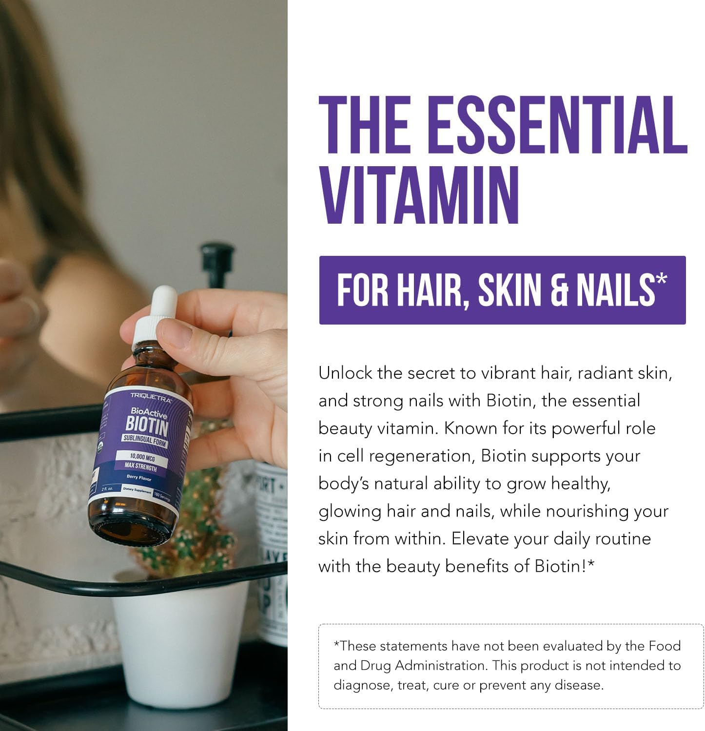 Organic Biotin 10000mcg Liquid Supplement for Hair Growth - Berry Flavor - 180 Servings - Enhanced Absorption - USP Grade - Women's Hair Skin & Nails Vitamins