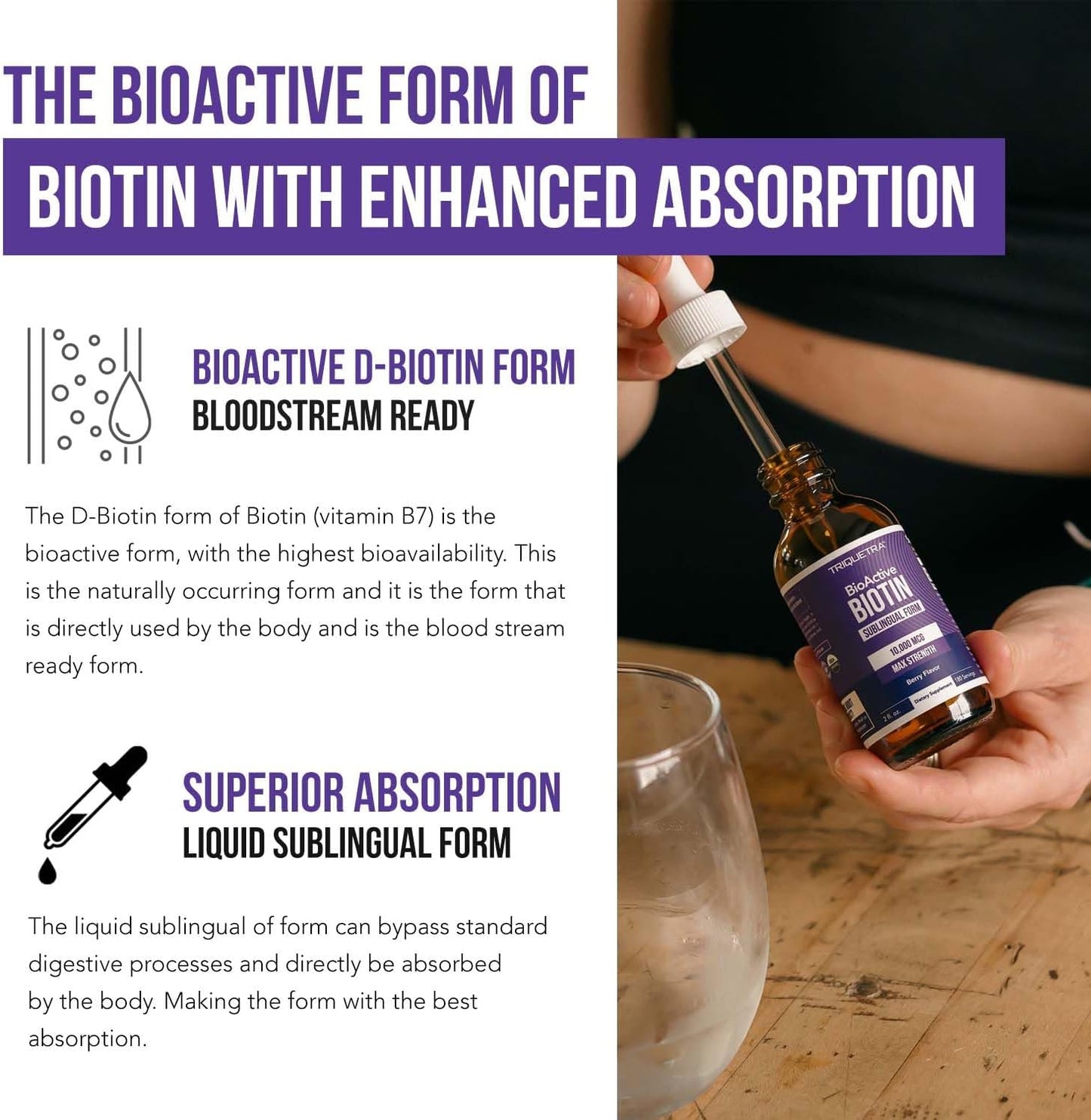 Organic Biotin 10000mcg Liquid Supplement for Hair Growth - Berry Flavor - 180 Servings - Enhanced Absorption - USP Grade - Women's Hair Skin & Nails Vitamins