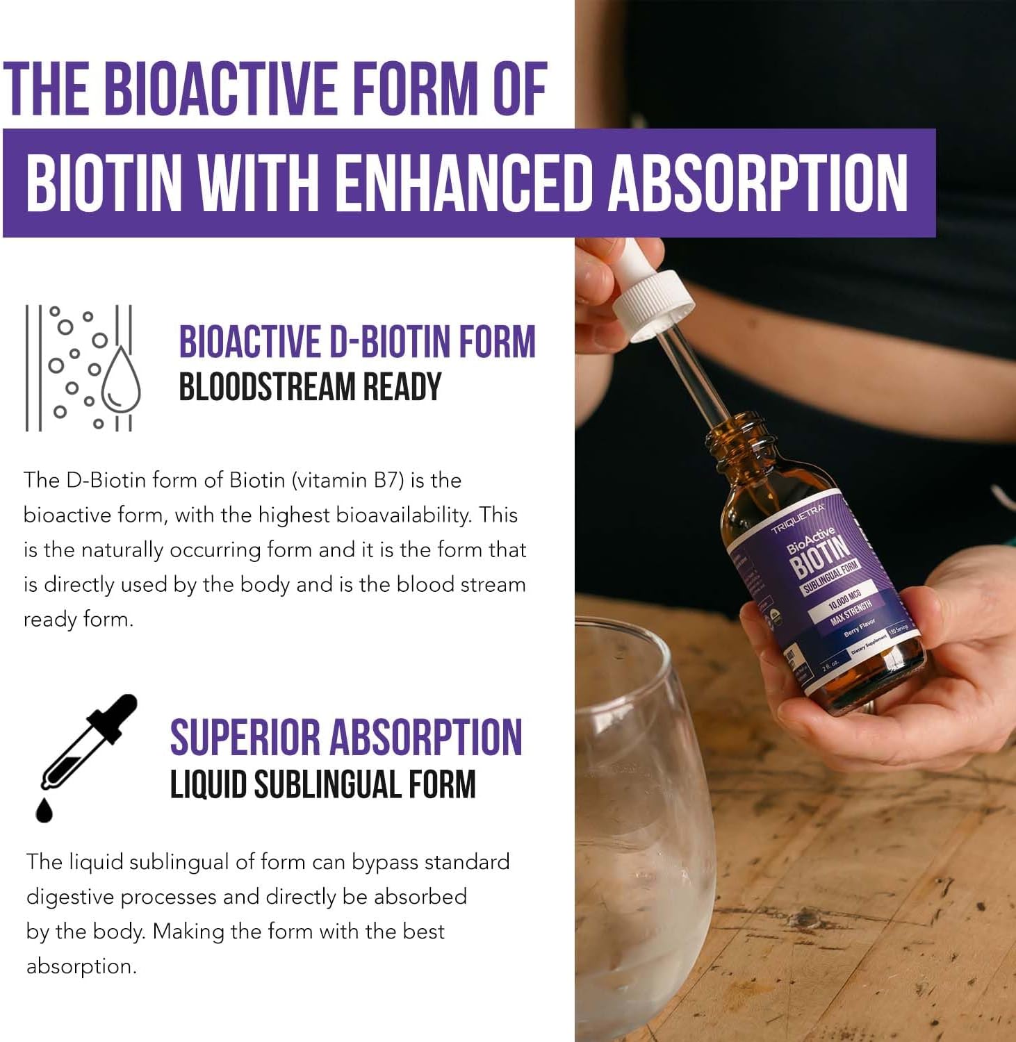 Organic Biotin 10000mcg Liquid Supplement for Hair Growth - Berry Flavor - 180 Servings - Enhanced Absorption - USP Grade - Women's Hair Skin & Nails Vitamins