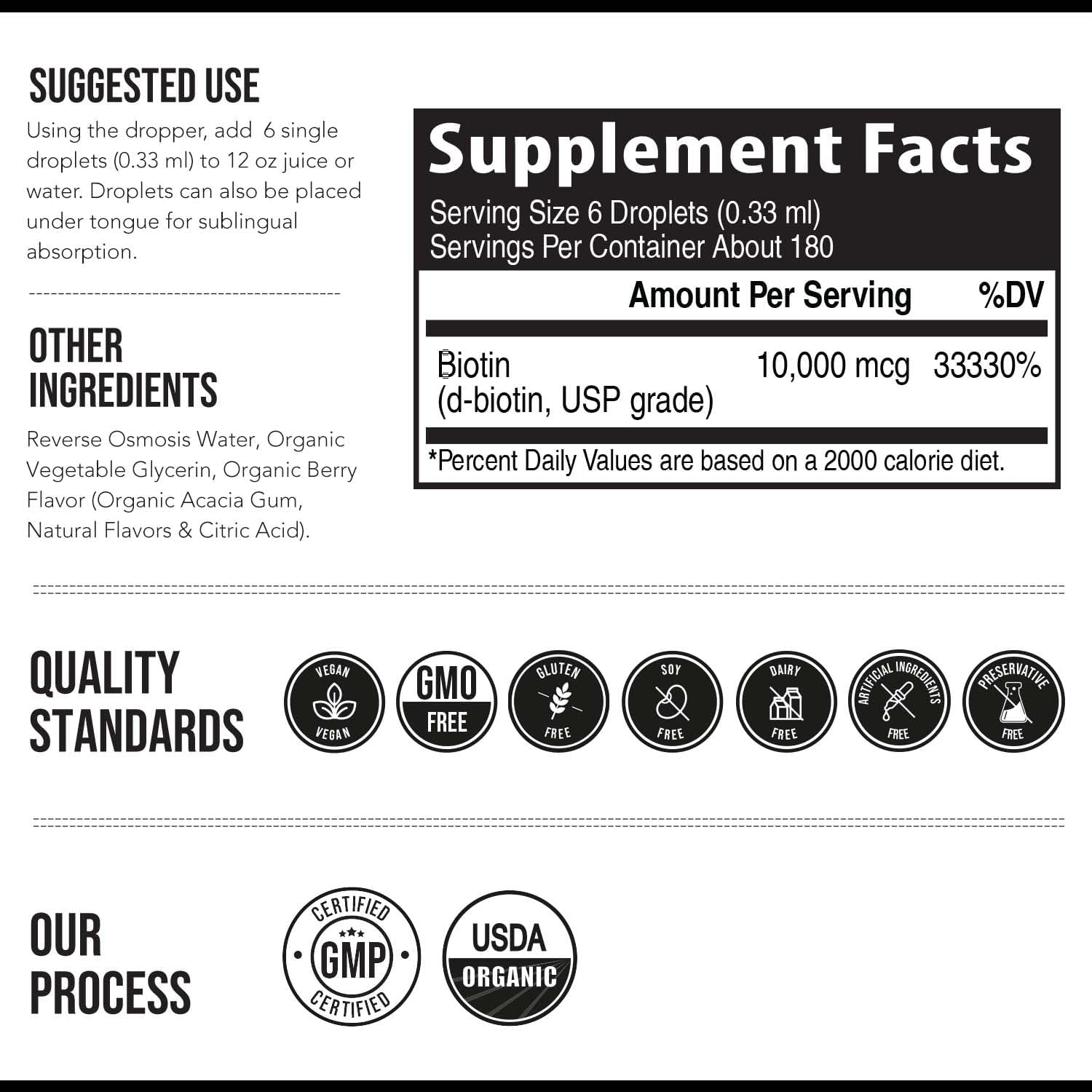 Organic Biotin 10000mcg Liquid Supplement for Hair Growth - Berry Flavor - 180 Servings - Enhanced Absorption - USP Grade - Women's Hair Skin & Nails Vitamins