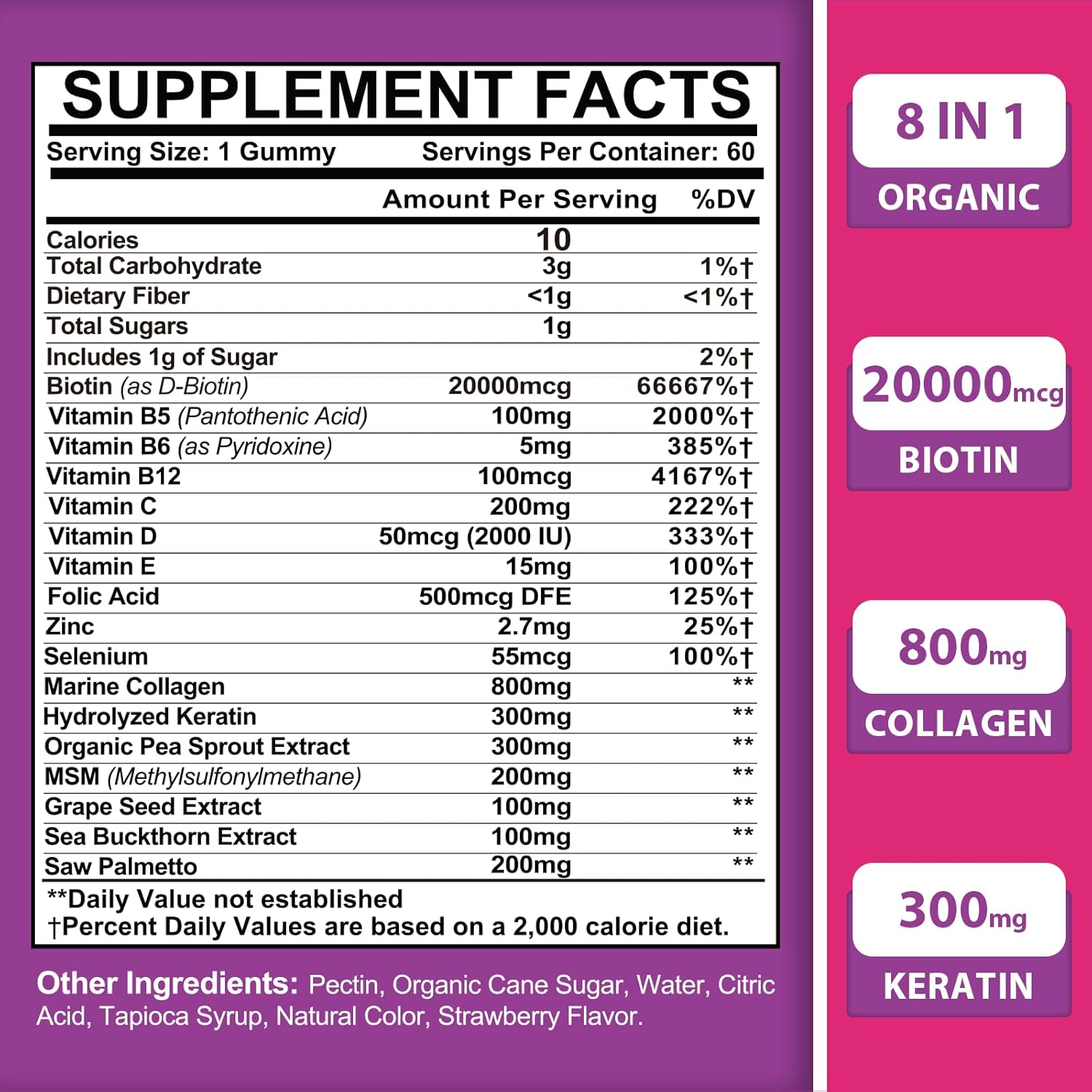 Organic Biotin Gummies for Hair, Skin, and Nails - 8 in 1 Formula with Collagen, Keratin, Folic Acid, and Vitamins - Max Strength Supplement for Women and Men - Sugar-Free - 6 Pack