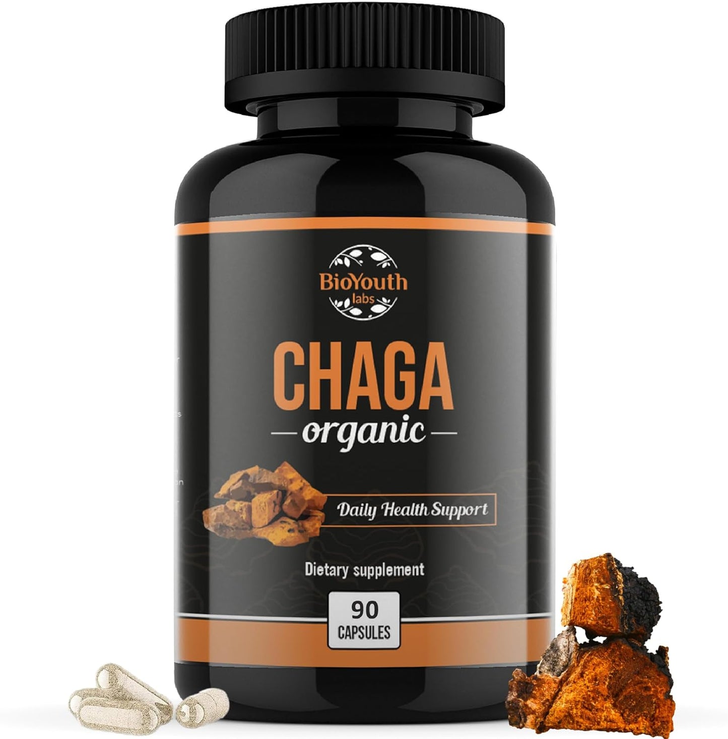 Organic BioYouth Chaga Capsules: Immune Support & Vitality Boost | 90 Capsules | Chaga Mushroom Extract | Daily Immune Health Support