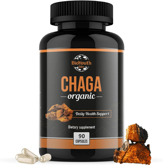 Organic BioYouth Chaga Capsules: Immune Support & Vitality Boost | 90 Capsules | Chaga Mushroom Extract | Daily Immune Health Support