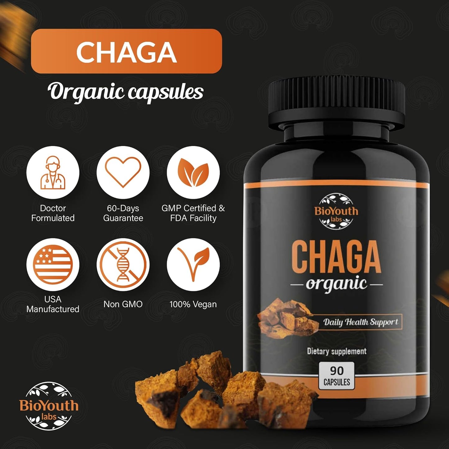 Organic BioYouth Chaga Capsules: Immune Support & Vitality Boost | 90 Capsules | Chaga Mushroom Extract | Daily Immune Health Support