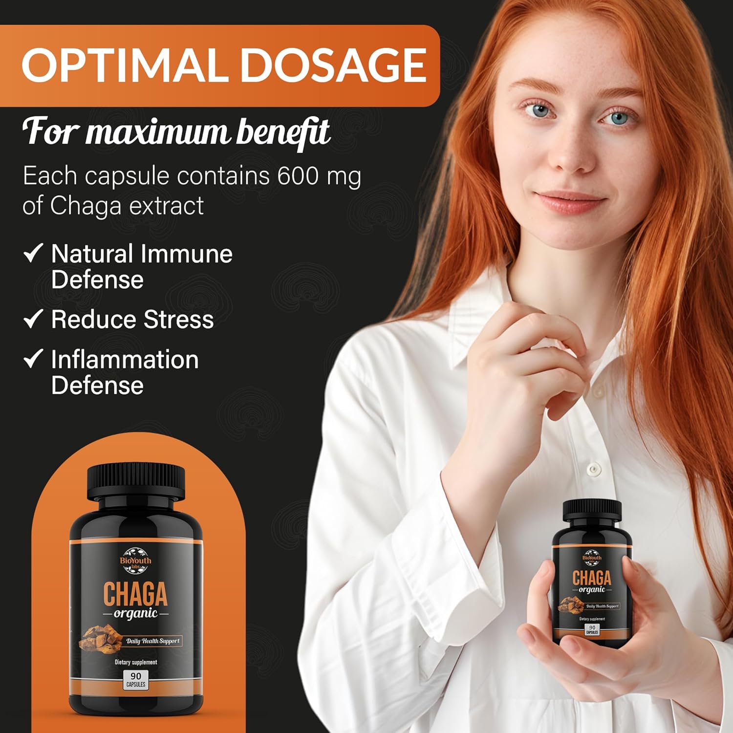 Organic BioYouth Chaga Capsules: Immune Support & Vitality Boost | 90 Capsules | Chaga Mushroom Extract | Daily Immune Health Support
