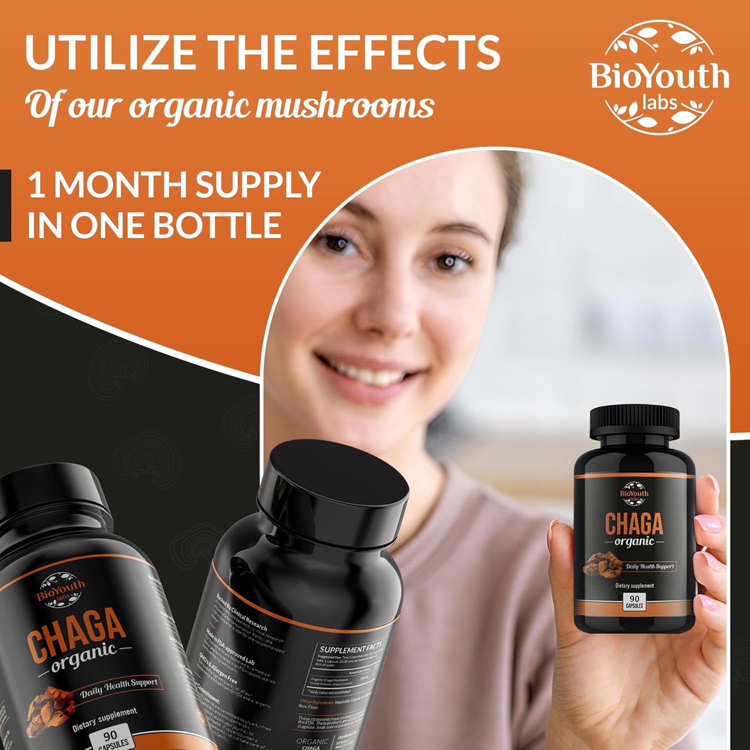 Organic BioYouth Chaga Capsules: Immune Support & Vitality Boost | 90 Capsules | Chaga Mushroom Extract | Daily Immune Health Support