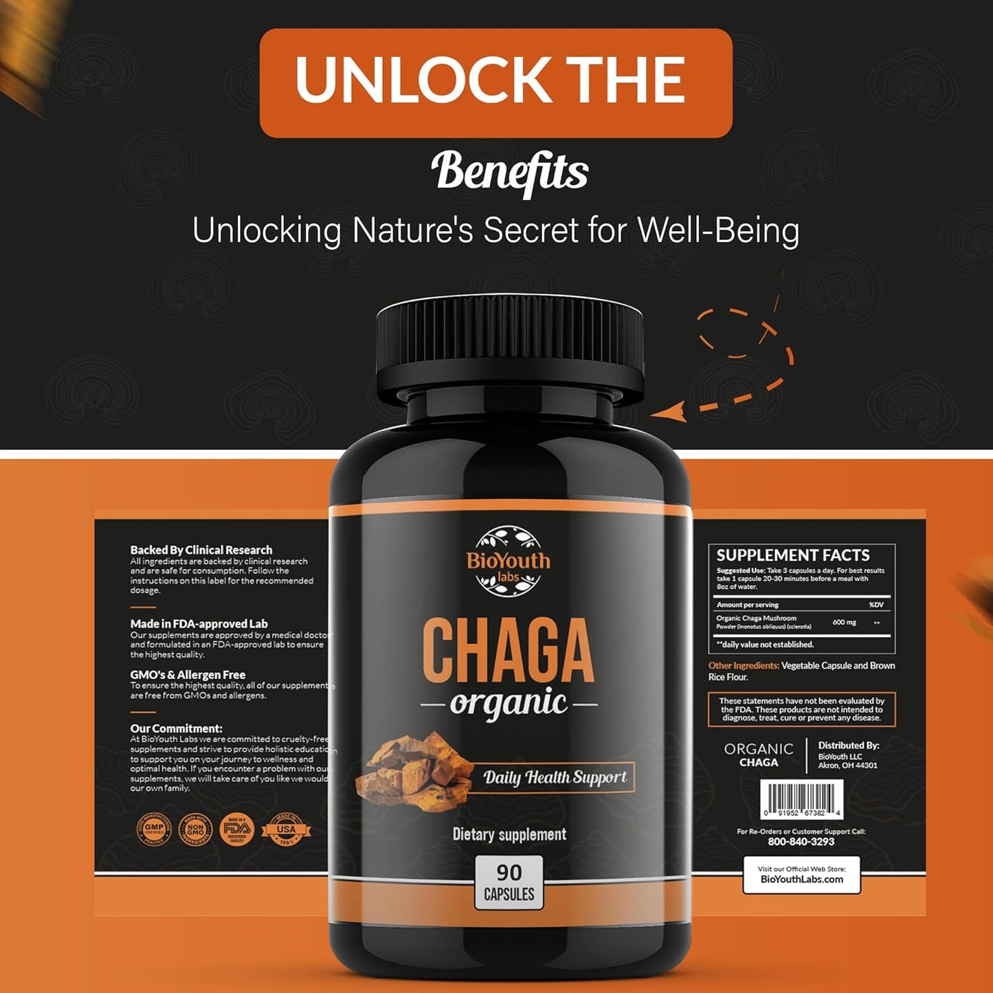 Organic BioYouth Chaga Capsules: Immune Support & Vitality Boost | 90 Capsules | Chaga Mushroom Extract | Daily Immune Health Support