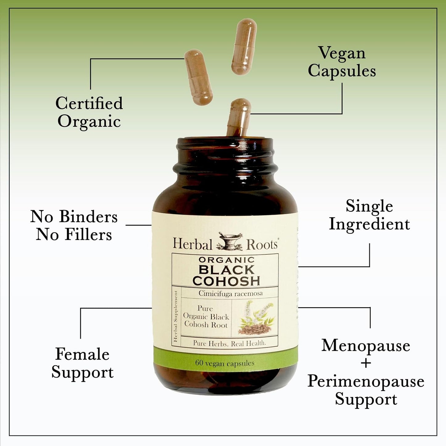 Organic Black Cohosh Root Capsules | Extra Strength Menopause Support | Herbal Roots | 90 Vegan Capsules
