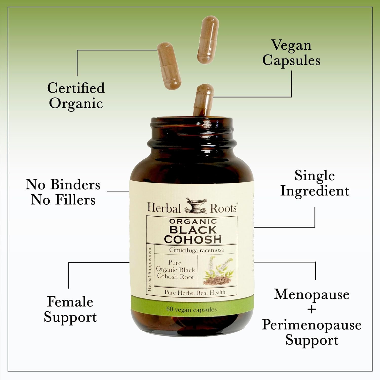 Organic Black Cohosh Root Capsules | Extra Strength Menopause Support | Herbal Roots | 90 Vegan Capsules
