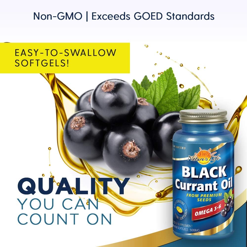 Organic Black Currant Oil Capsules 500mg | Rich in Omega 3-6 for Skin, Hair, Heart, and Joint Health | 90 Softgels