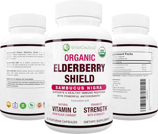 Organic Black Elderberry, Black Currant, and Echinacea Immune Support Capsules - 60 Count | Vegan, Sugar-Free with Vitamin C | Homeopathic Remedy
