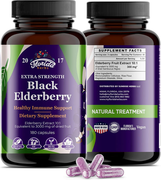 Organic Black Elderberry Capsules | 180 Count | Non-GMO Sambucus Nigra Supplement from Florida Herbs