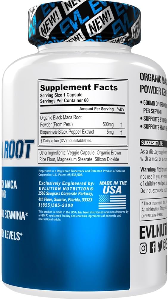 Organic Black Maca Root Powder Capsules for Energy, Strength, Performance, and Stamina - Workout Supplement - 60 Servings