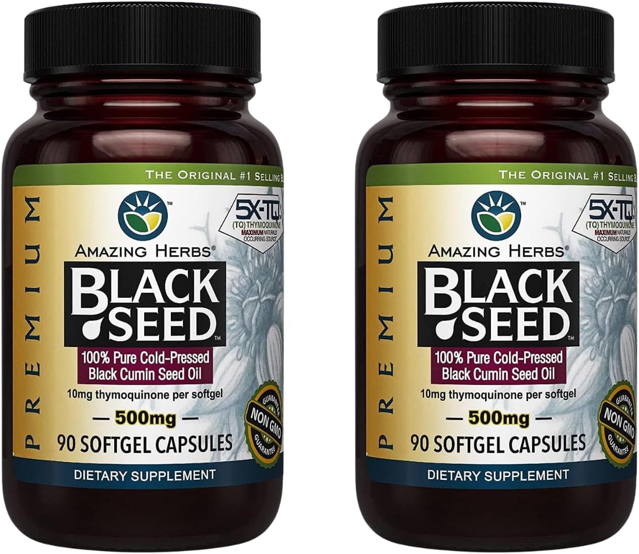 Organic Black Seed Oil Capsules - Cold Pressed Nigella Sativa for Immune Support, Digestive Health, Brain Function - 90 Count x 2, 500mg - Gluten Free, Non GMO