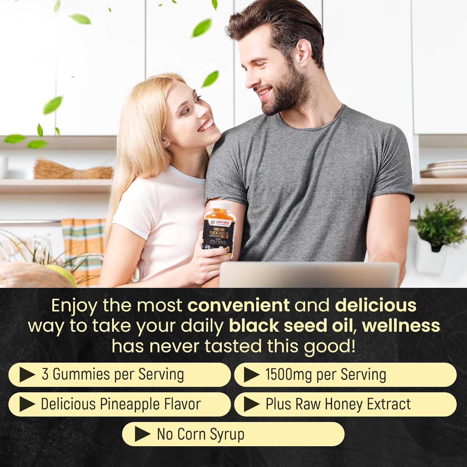 Organic Black Seed Oil Gummies 1500mg with Honey and Pineapple Flavor - Gluten Free, Soy Free, Non-GMO Softgel Capsules by Doc Mila