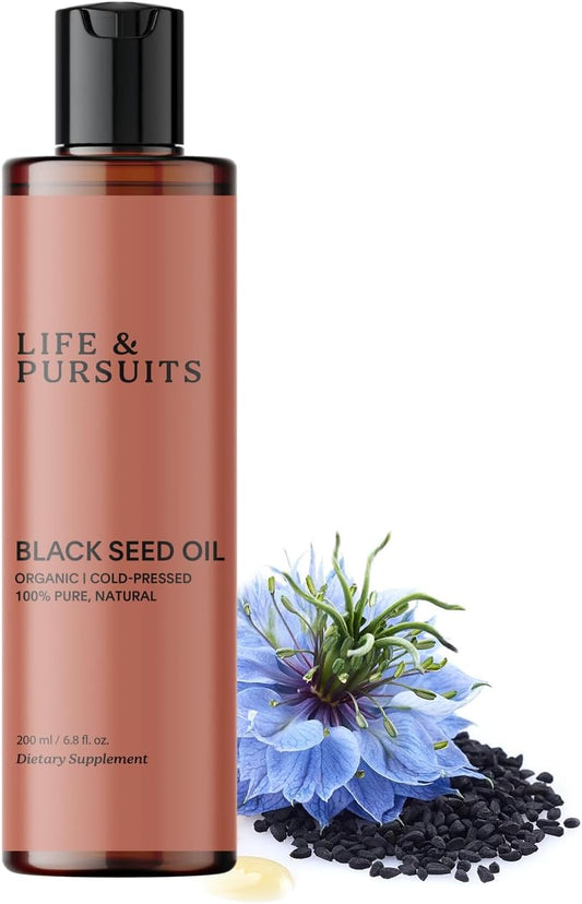 Organic Black Seed Oil (Kalonji) - 100% Pure & Natural Cold Pressed | Rich in Thymoquinone & Omega Fatty Acids | Antioxidant for Immune Support, Hair & Skin | 6.8 Fl Oz