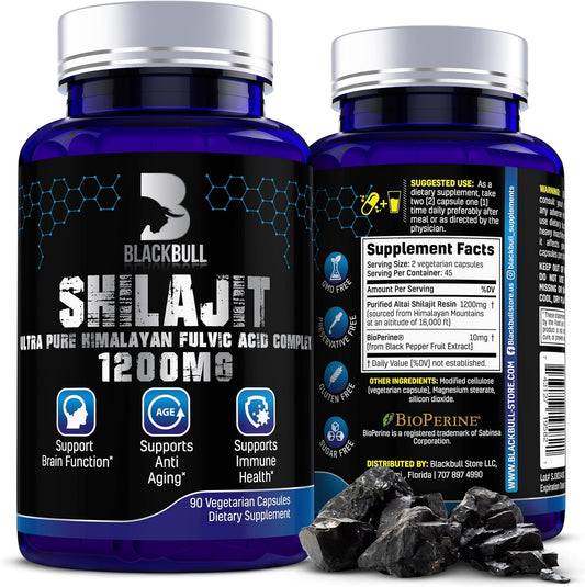 Organic Blackbúll Blackbull Shilajit Capsules with 20% Fulvic Acid - Brain Health & Immune Support Supplement from Himalayas