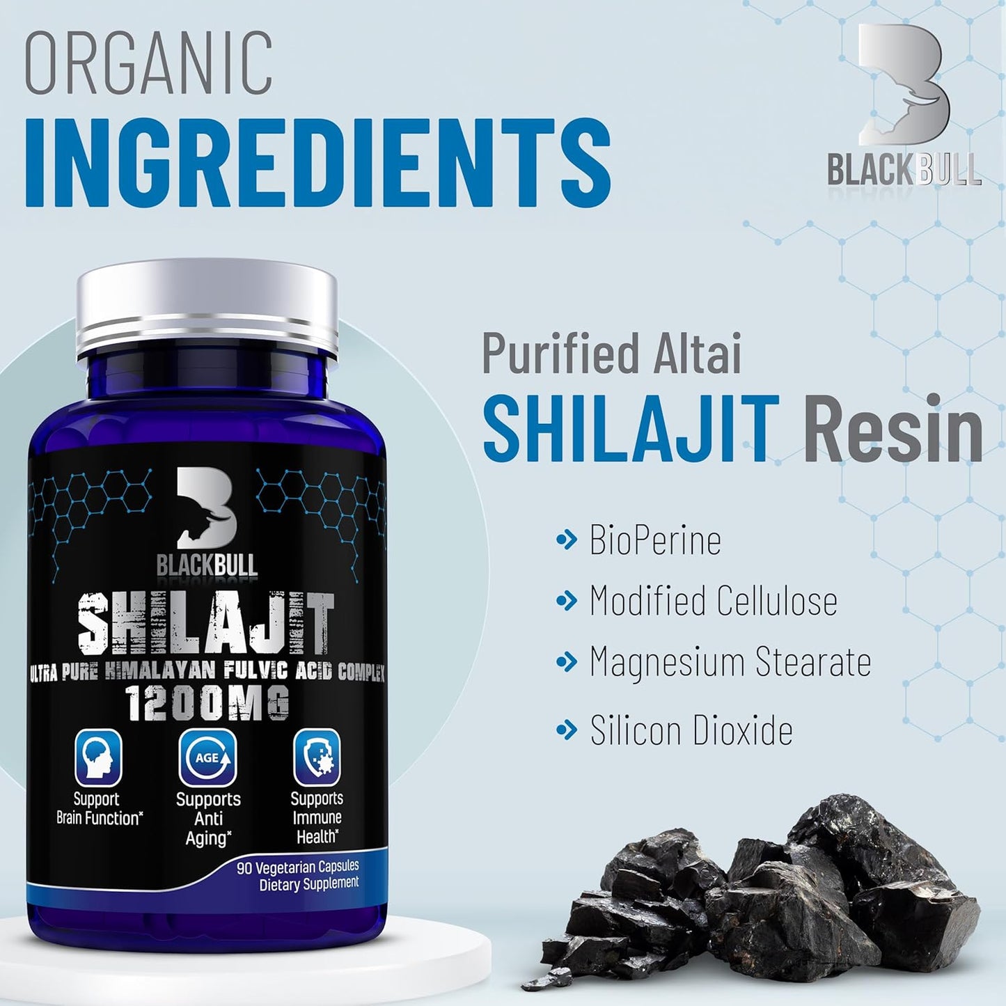 Organic Blackbúll Blackbull Shilajit Capsules with 20% Fulvic Acid - Brain Health & Immune Support Supplement from Himalayas