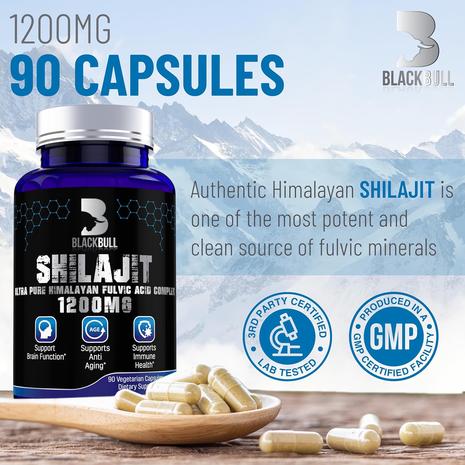 Organic Blackbúll Blackbull Shilajit Capsules with 20% Fulvic Acid - Brain Health & Immune Support Supplement from Himalayas