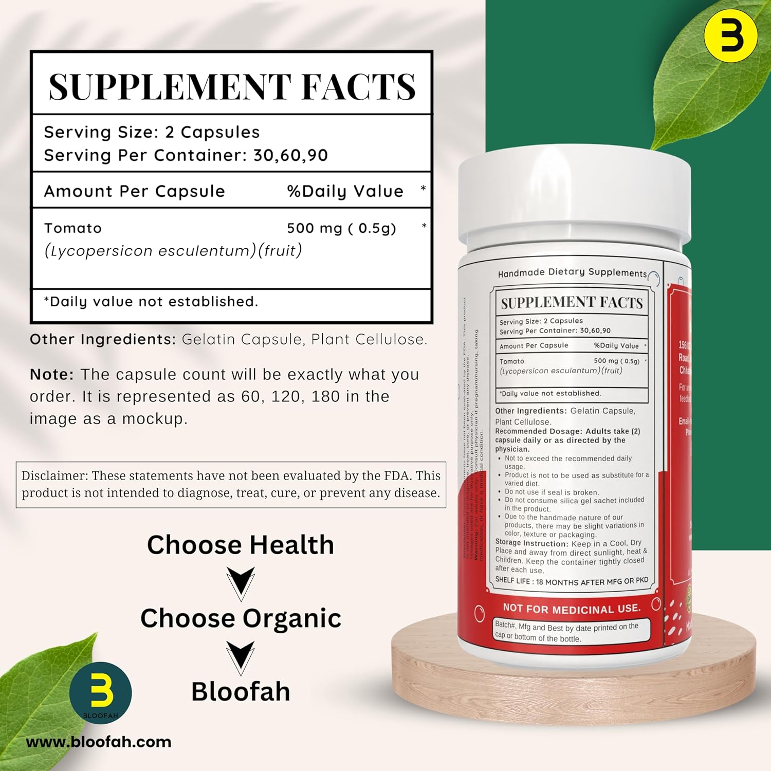 Organic Bloofah Tomato Powder Capsules 500mg - 60 Count | Lycopene Supplement for Health | Plant Based, Gluten Free & Non-GMO