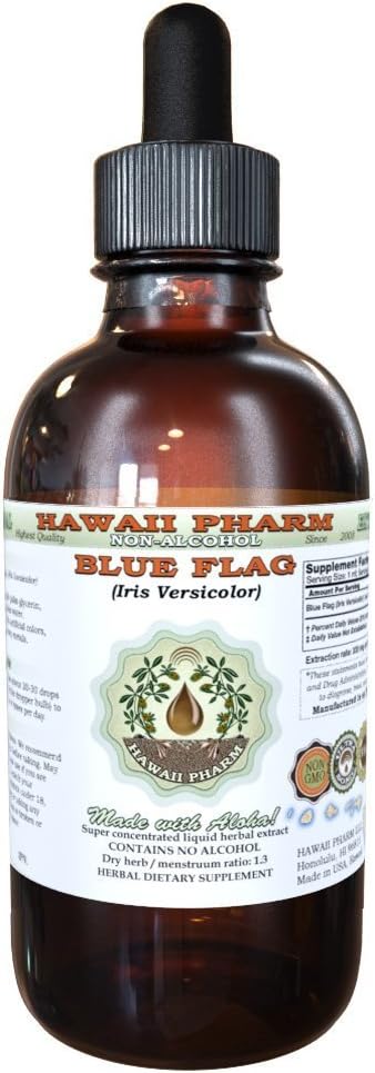 Organic Blue Flag Alcohol-Free Liquid Extract, Hawaii Pharm Natural Herbal Supplement - 2 oz Glycerite of Iris versicolor Dried Root