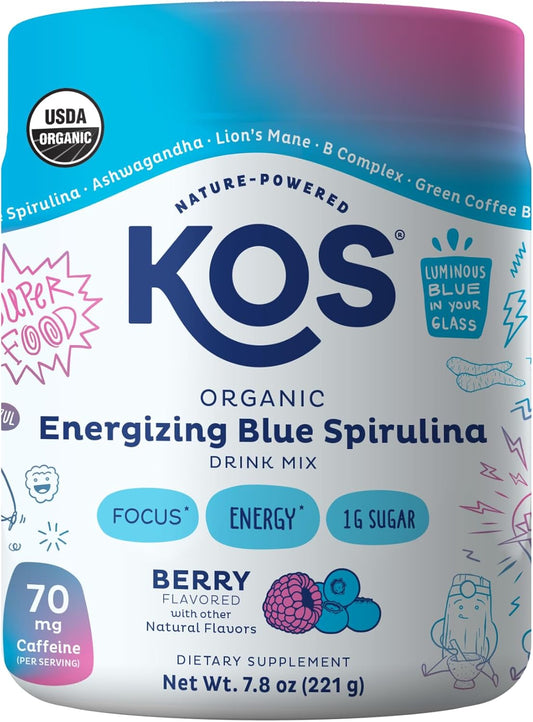 Organic Blue Spirulina Blend with B Vitamins, Ashwagandha, Ginseng - Vegan Pre Workout Powder - Caffeinated Berry Flavor - 28 Servings