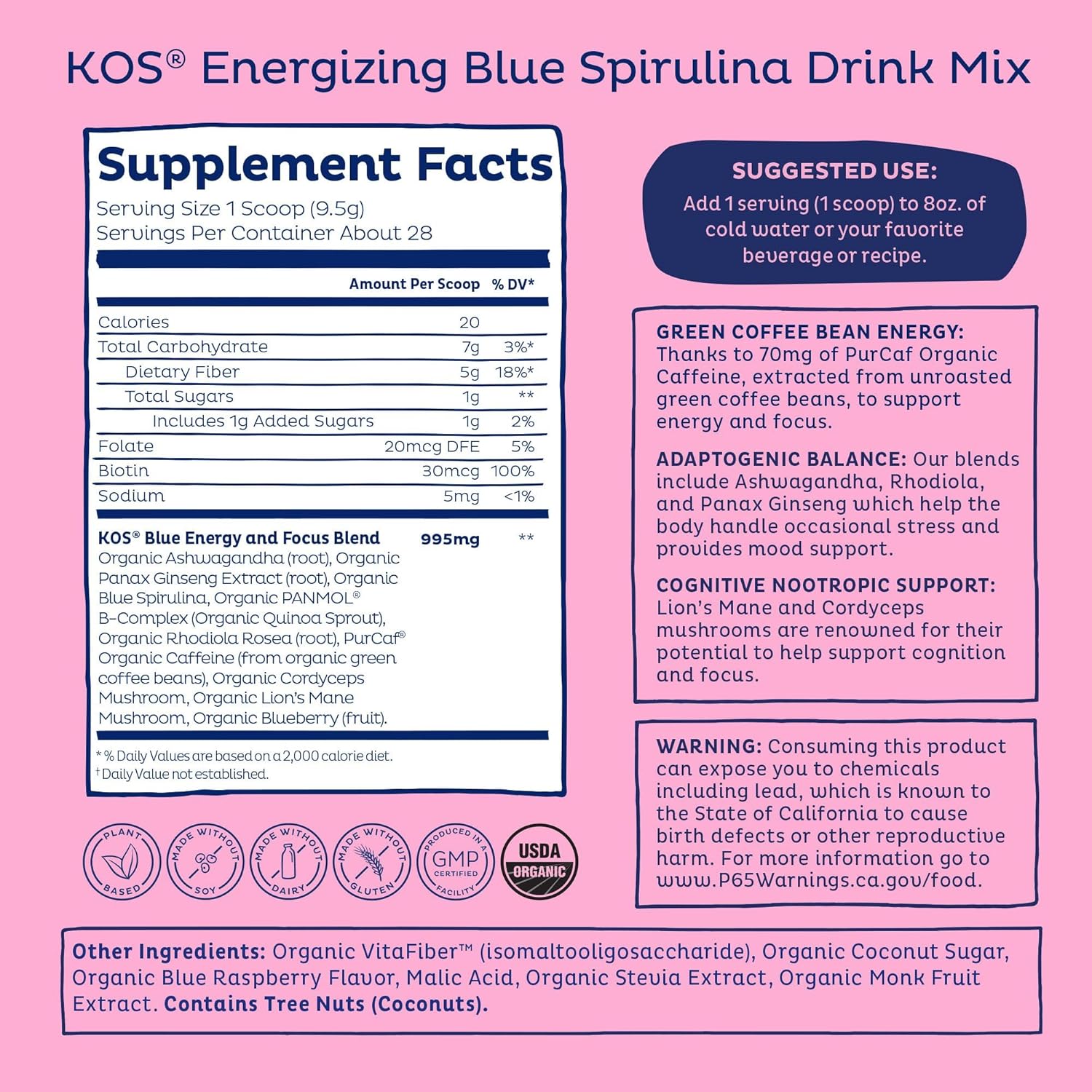 Organic Blue Spirulina Blend with B Vitamins, Ashwagandha, Ginseng - Vegan Pre Workout Powder - Caffeinated Berry Flavor - 28 Servings