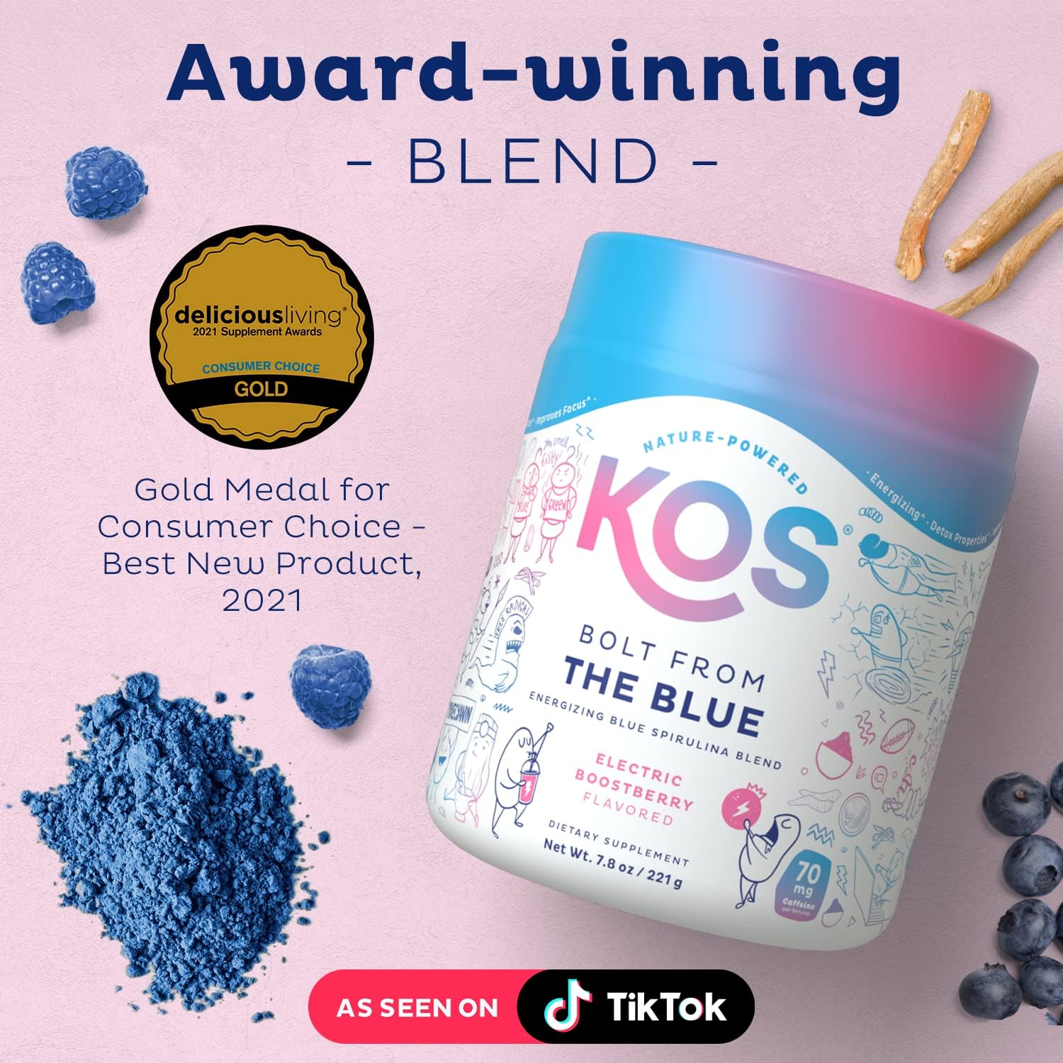 Organic Blue Spirulina Blend with B Vitamins, Ashwagandha, Ginseng - Vegan Pre Workout Powder - Caffeinated Berry Flavor - 28 Servings