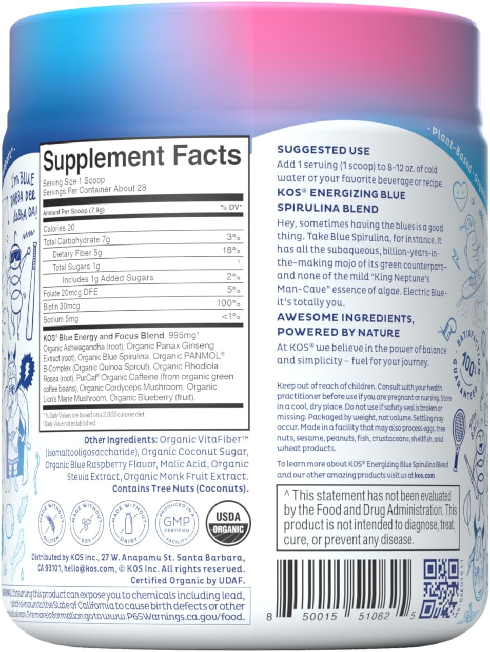 Organic Blue Spirulina Blend with B Vitamins, Ashwagandha, Ginseng - Vegan Pre Workout Powder - Caffeinated Berry Flavor - 28 Servings