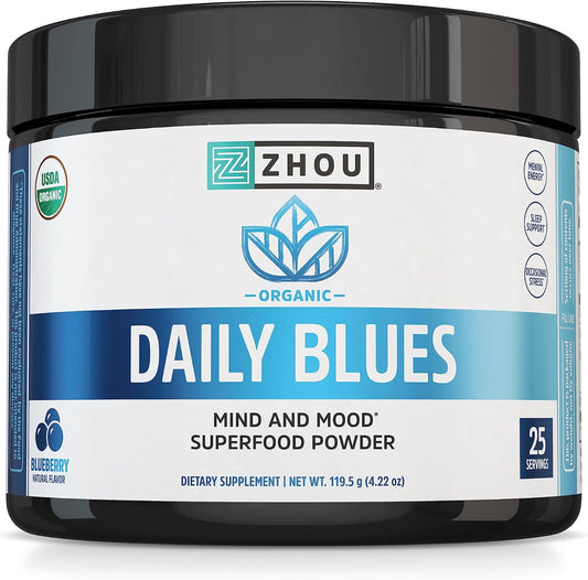 Organic Blue Spirulina Powder with KSM-66 Ashwagandha and Blueberry - Superfood Powder for Antioxidants, Mental Energy, Sleep, and Digestion - Non-GMO, Vegan - 25 Servings