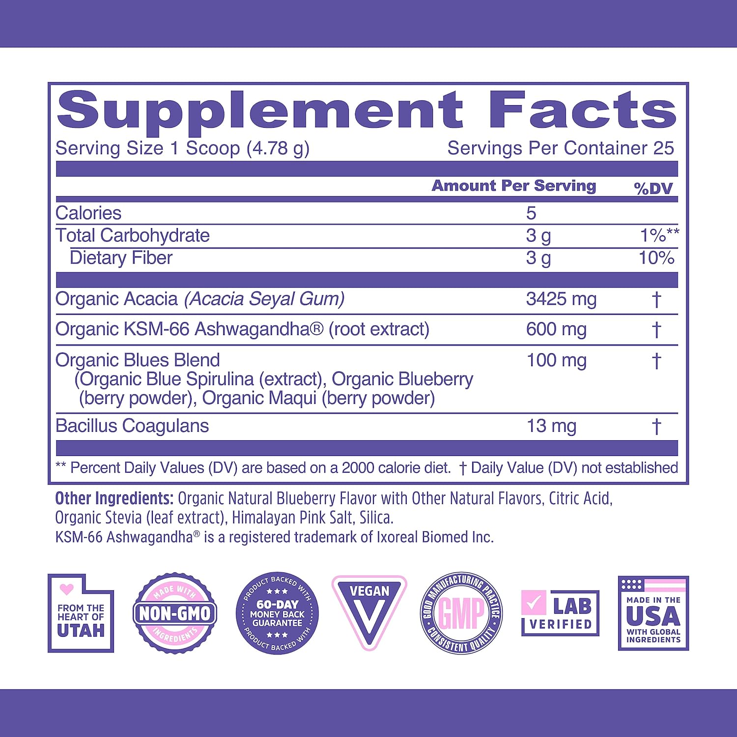 Organic Blue Spirulina Powder with KSM-66 Ashwagandha and Blueberry - Superfood Powder for Antioxidants, Mental Energy, Sleep, and Digestion - Non-GMO, Vegan - 25 Servings